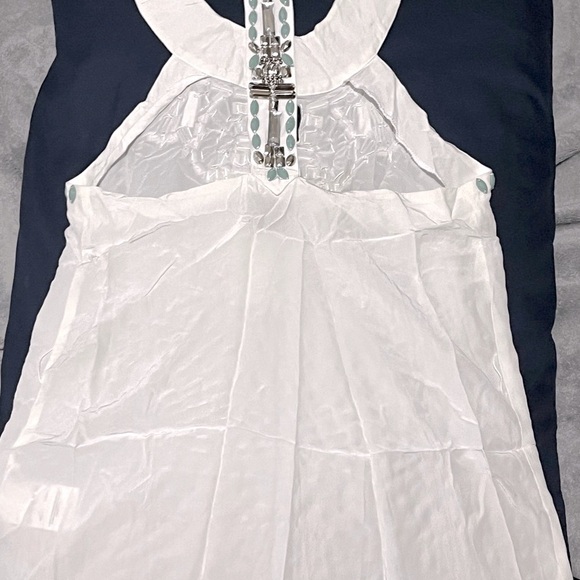 BEBE 100% Silk Ivory Cleo White Tunic Size XXS Embellishments Turquoise gems - Picture 8 of 9